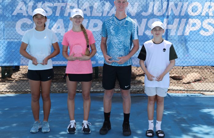 (L to R) Pauline Ma (VIC), Jennifer Ott (NSW), Jeffrey Strydom (SA) and Raphael Savelli (VIC) during the awards ceremony at the West Lakes Tennis Club in Adelaide, as part of the 2023 12/u and 14/u Australian Hardcourt Championships on Sunday, October 8, 2023. Photo by TENNIS AUSTRALIA/DAVID MARIUZ