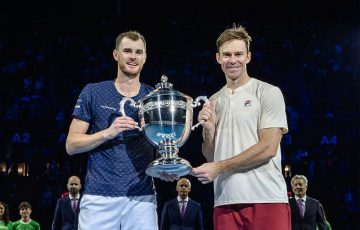 Jamie Murray and John Peers with the trophy after winning the 2024 ATP 500 Basel title. Photo: Swiss Indoors Basel