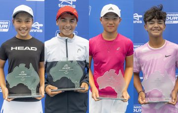 2024 12/u and 14/u Junior Tour Finals champions (L-R) Ayumi Ito, Novak Palombo,  Emilie Chen and Ethan Domingo. 