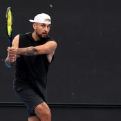 Nick Kyrgios practises at Pat Rafter Arena in Brisbane after announcing his comeback. Picture: Tennis Australia