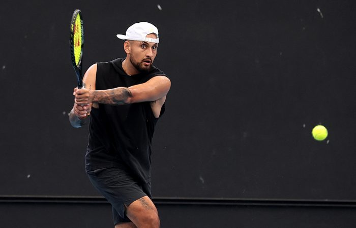 Nick Kyrgios practises at Pat Rafter Arena in Brisbane after announcing his comeback. Picture: Tennis Australia