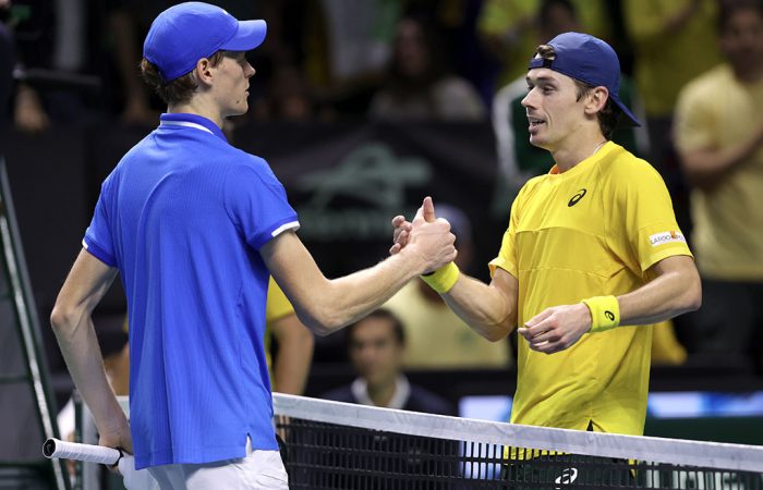 Alex de Minaur congratulates world No.1 Jannik Sinner at the Davis Cup semifinals; Getty Images 