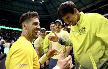 Alexei Popyrin (right) congratulates Thanasi Kokkinakis after his win over Ben Shelton in Australia's Davis Cup quarterfinal against USA in Malaga, Spain. Photo: Getty Images