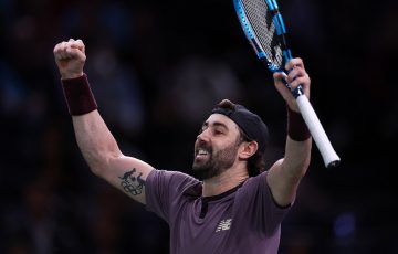 Jordan Thompson celebrates his progression to the Paris Masters quarterfinals after beating Adrian Mannarino. (Getty Images)