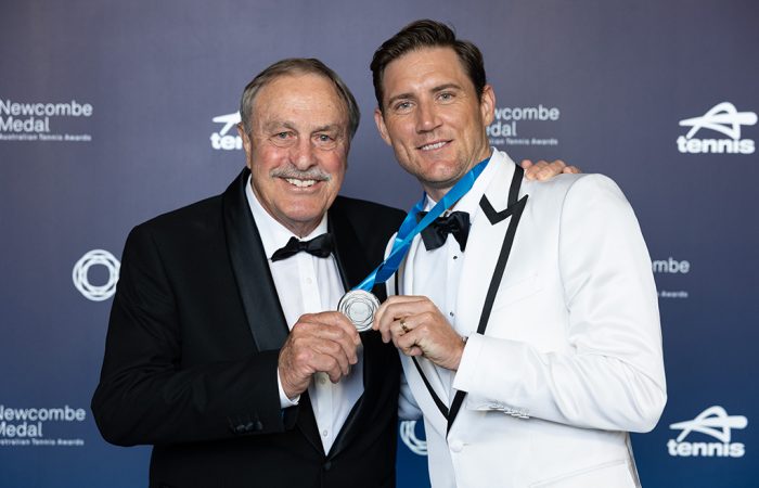 John Newcombe with Matt Ebden, who shared 2024 Newcombe Medal honours with Alex de Minaur. Photo: TENNIS AUSTRALIA/FIONA HAMILTON