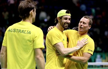 Matthew Ebden and Jordan Thompson of Team Australia with Australia team Captain Lleyton Hewit in Malaga, Spain. Photo: Getty Images