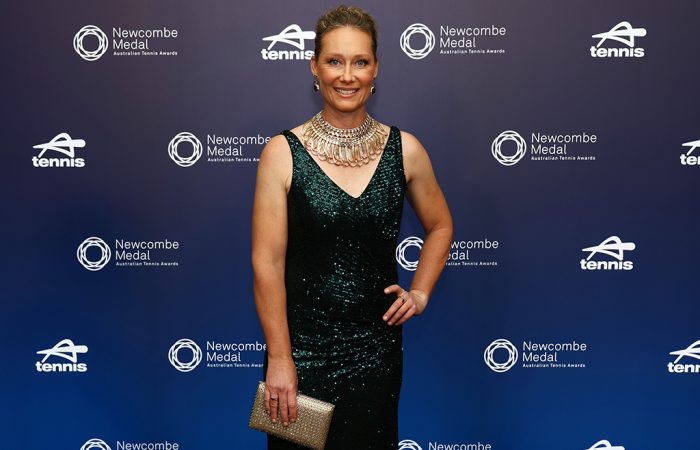 Sam Stosur on the blue carpet for 2024 Newcombe Medal at Crown Palladium in Melbourne. Photo: Getty Images