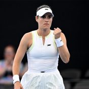 Kimberly Birrell in action during her first-round win over Priscilla Hon at the Brisbane International. [Getty Images]