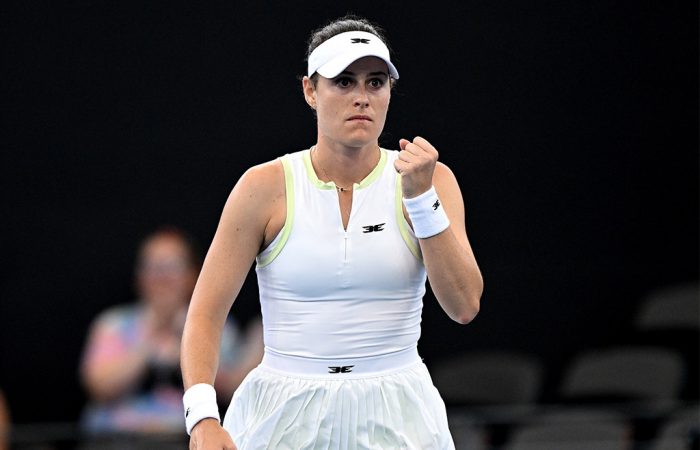 Kimberly Birrell in action during her first-round win over Priscilla Hon at the Brisbane International. [Getty Images]