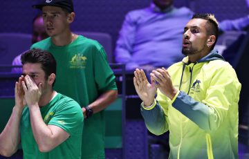 NIck Kyrgios supporting his Australian Davis Cup teammates at the 2019 Finals.