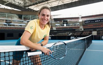 Kimberly Birrell at Brisbane's Pat Rafter Arena for the announcement of Australia's Billie Jean King Cup qualifier tie in April.