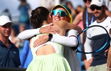 January 9:  Kimberly Birrell (AUS) celebrates her win in the final qualifying round match at the Australian Open with a hug from Nicole Pratt  on Court 3 at Melbourne Park on Thursday, January 9, 2025. Photo by TENNIS AUSTRALIA/ JOSH CHADWICK