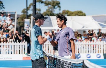 Jason Kubler (R) shakes hands with Cruz Hewitt after winning their Australian Pro Tour final in Launceston. (Photo: Nick Hanson/Tennis Australia)